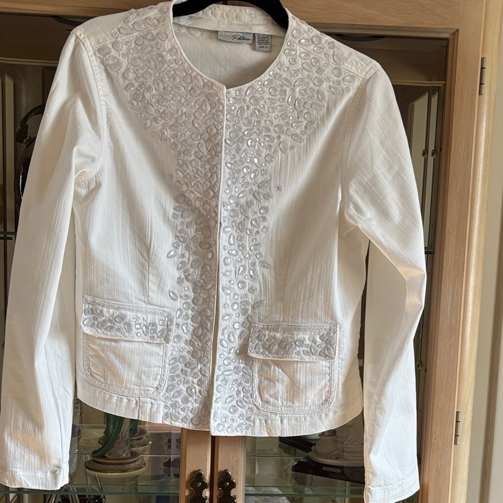 Chico's White Embellished denim jacket